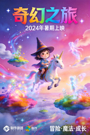 动漫电影《奇幻之旅》彩色动画海报，充满想象力